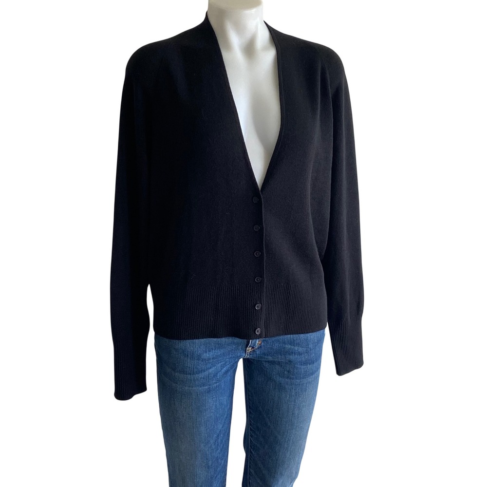 Talbots Womens XL Black Wool Blend V-Neck Button Front Cardigan Sweater